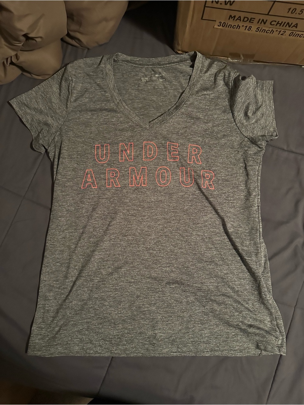 Under Armour Women’s Heather Gray V-Neck Tee with Pink Logo Outline